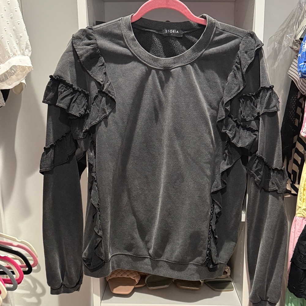 Storia Black Ruffle-Accent Crewneck Sweatshirt